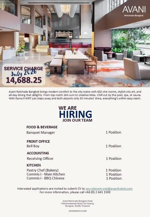 ใบประกาศรับสมัครงาน Avani Ratchada Bangkok